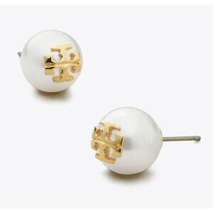 NEW Tory Burch Kira Pearl Stud Earrings Logo Gold Classic Work Going out Gift